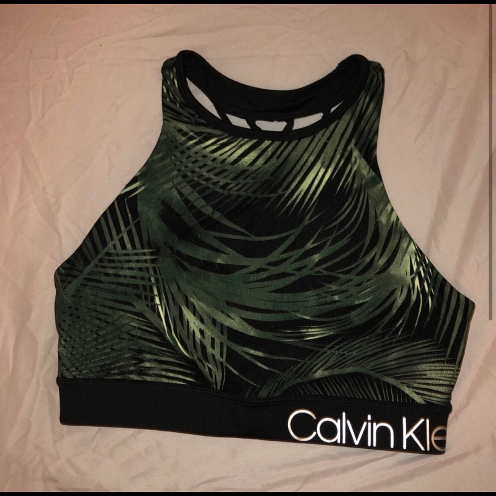 Calvin Klein Palm Leaf Print Mock Neck Sports Bra